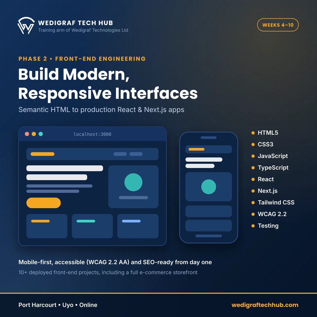 Front-End Development Training – HTML, CSS, JavaScript, React Front-end development training covering HTML5, CSS3, JavaScript, TypeScript, React and Next.js with responsive design (117 chars)