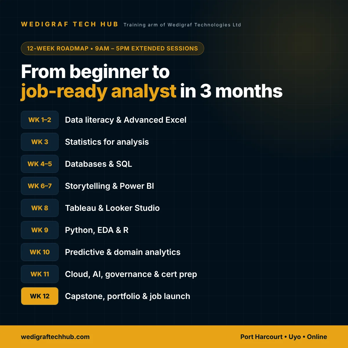 3-Month Data Analysis Training Roadmap 12-week data analysis training roadmap from beginner to job-ready data analyst at Wedigraf Tech Hub