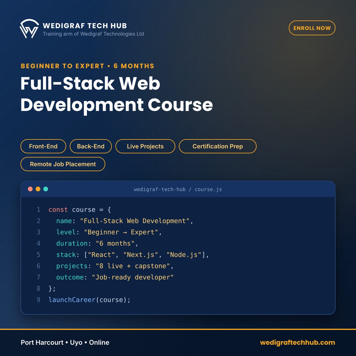 full stack web development course wedigraf tech hub Full stack web development course at Wedigraf Tech Hub, beginner to expert in 6 months, Port Harcourt, Uyo and online (117 chars)